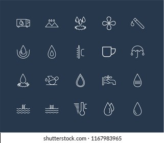 Set Of 20 black linear icons such as Drop, Drops, Temperature, Swimming pool, Test tube, Mug, Water drop, Water, editable stroke vector icon pack