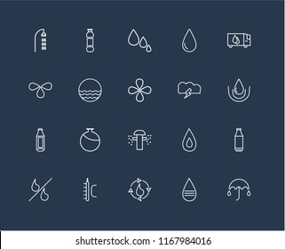 Set Of 20 black linear icons such as Umbrella, Message, Water cycle, Temperature, Percent, Delivery truck, Storm, Sprinkler, Bottle, Waves, Drops, editable stroke vector icon pack