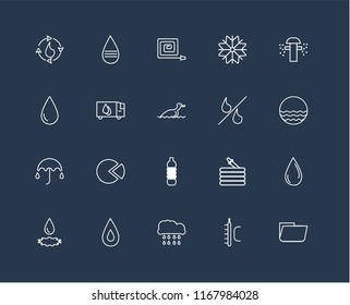 Set Of 20 black linear icons such as Folder, Temperature, Rain, Water, Drop, Sprinkler, Percent, Water Bottle, Umbrella, Delivery truck, Fire Hose, editable stroke vector icon pack