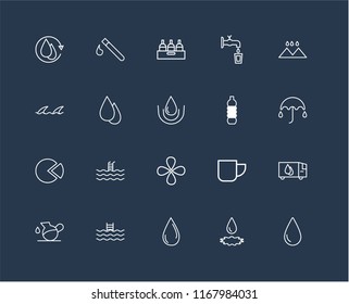 Set Of 20 black linear icons such as Drop, Water drop, Swimming pool, Pitcher, Rainy Landscape, Bottle, Pie chart, editable stroke vector icon pack