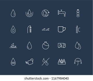 Set Of 20 black linear icons such as Umbrella, Bottle, Percent, Watering Can, Message, Water, Mug, Canteen, Sailboat, Shower, Water cycle, editable stroke vector icon pack