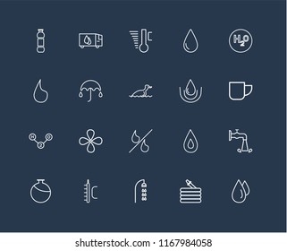 Set Of 20 black linear icons such as Drops, Hose, Shower, Temperature, Canteen, H2o, Drop, Percent, Umbrella, editable stroke vector icon pack