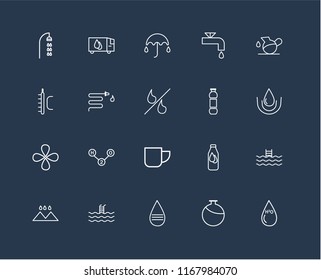 Set Of 20 black linear icons such as H2o, Canteen, Message, Swimming pool, Rainy Landscape, Pitcher, Water, Mug, Drop, Umbrella, editable stroke vector icon pack