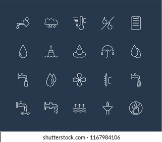 Set Of 20 black linear icons such as No water, Drop, Evaporation, Watertap, Water, Clipboard, Umbrella, Buoy, Temperature, editable stroke vector icon pack