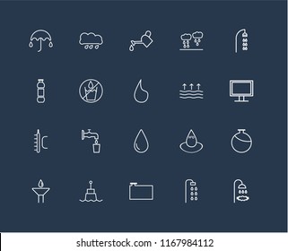 Set Of 20 black linear icons such as Shower, Water Container, Buoy, Drop, Evaporation, Temperature, No water, Watering, editable stroke vector icon pack