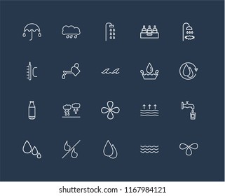 Set Of 20 black linear icons such as Drops, Water, Drop, Percent, Shower, Bottle, Watering, editable stroke vector icon pack