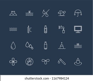 Set Of 20 black linear icons such as Water, Test tube, Drops, No water, Drop, Umbrella, Bottle, Temperature, Percent, editable stroke vector icon pack