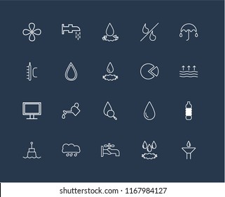 Set Of 20 black linear icons such as Drop, Faucet, Rain, Buoy, Umbrella, Pie chart, Monitor, Water drop, editable stroke vector icon pack