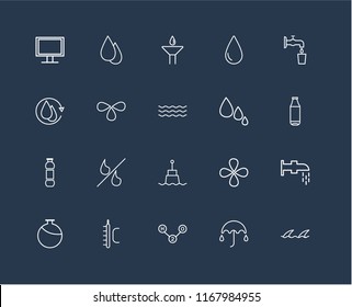 Set Of 20 black linear icons such as Waves, Umbrella, H2o, Temperature, Canteen, Water, Drops, Buoy, Drop, editable stroke vector icon pack