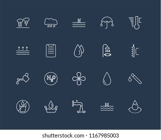 Set Of 20 black linear icons such as Water, Swimming pool, No water, Temperature, Shower, Drop, Watering, Clipboard, editable stroke vector icon pack