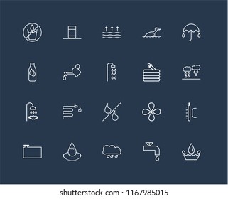 Set Of 20 black linear icons such as Water, Watertap, Rain, Water Container, Umbrella, Hose, Percent, Shower, Watering, Evaporation, editable stroke vector icon pack