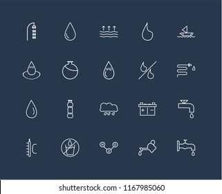 Set Of 20 black linear icons such as Tap, Watering, H2o, No water, Temperature, Sailboat, Percent, Rain, Water drop, Canteen, Evaporation, editable stroke vector icon pack