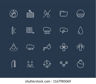 Set Of 20 black linear icons such as Canteen, H2o, Water cycle, Drops, Shower, Waves, Storm, Watering, Water, Fire Hose, Percent, editable stroke vector icon pack