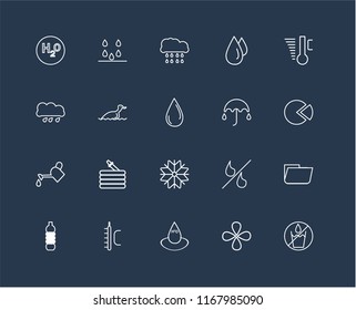 Set Of 20 black linear icons such as No water, Drop, Water, Temperature, Water Bottle, Umbrella, Snow, Watering, Duck, Rain, editable stroke vector icon pack