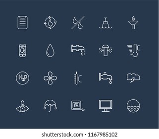 Set Of 20 black linear icons such as Waves, Monitor, Fire Hose, Umbrella, Drop, Sprinkler, Temperature, H2o, Percent, editable stroke vector icon pack