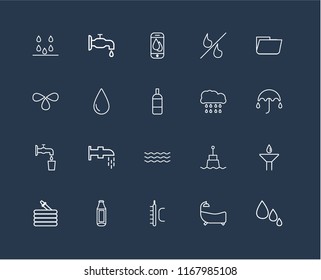 Set Of 20 black linear icons such as Drops, Bathtub, Temperature, Bottle, Hose, Folder, Rain, Water, Drop, Smartphone, editable stroke vector icon pack