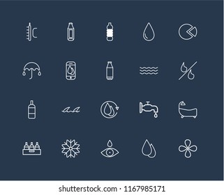 Set Of 20 black linear icons such as Drop, Snow, Bottle, Pie chart, Water, Water cycle, Smartphone, editable stroke vector icon pack