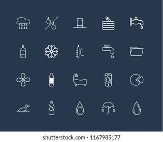 Set Of 20 black linear icons such as Water drop, Umbrella, H2o, Bottle, Duck, Watertap, Bathtub, Drop, Snow, Glass of water, editable stroke vector icon pack