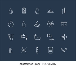 Set Of 20 black linear icons such as H2o, Clipboard, Water, Percent, Temperature, Shower, Bathtub, Drop, editable stroke vector icon pack