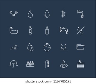 Set Of 20 black linear icons such as Hose, Drop, Shower, Bottle, Umbrella, Water, Watertap, Canteen, Duck, editable stroke vector icon pack