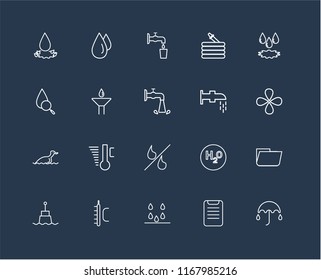 Set Of 20 black linear icons such as Umbrella, Clipboard, Drops, Temperature, Buoy, Drop, Watertap, Percent, Duck, Water, editable stroke vector icon pack