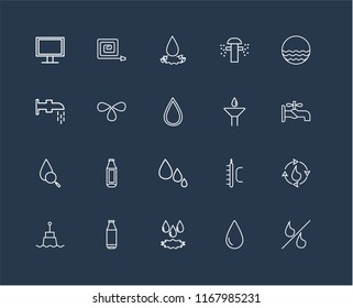 Set Of 20 black linear icons such as Percent, Drop, Bottle, Buoy, Waves, Drops, Water drop, editable stroke vector icon pack