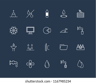 Set Of 20 black linear icons such as Drop, Water, Water drop, Watertap, Hose, Duck, Temperature, Monitor, Bottle, editable stroke vector icon pack