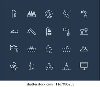 Set Of 20 black linear icons such as Monitor, Buoy, Water, Temperature, Drop, Watertap, Test tube, Water cycle, editable stroke vector icon pack