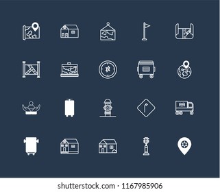 Set Of 20 black linear icons such as Placeholder, Traffic light, House, School, Bus, Map, Recycle bin, Hydrant, Social care, editable stroke vector icon pack