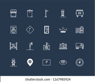 Set Of 20 black linear icons such as Compass, Globe, Parking, Placeholder, Hydrant, Recycle bin, Social care, Map, Turn, Flag, editable stroke vector icon pack