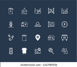 Set Of 20 black linear icons such as Africa, Search, Map, Bus, Gps, Placeholder, Destination, Toilet, editable stroke vector icon pack