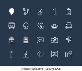 Set Of 20 black linear icons such as Map, Turn, Parking, Flag, Recycling bin, House, Elections, Park, Globe, editable stroke vector icon pack