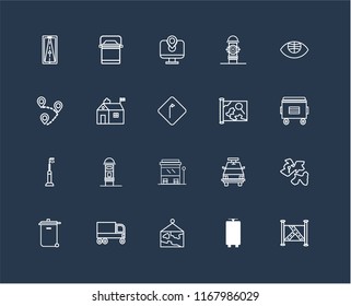 Set Of 20 black linear icons such as Map, Tram, Garbage truck, Recycling bin, Globe, Bus stop, Street light, Hall, editable stroke vector icon pack