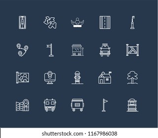 Set Of 20 black linear icons such as Mailbox, Flag, Recycle bin, Fire truck, Map, Street light, Police car, Hydrant, Social care, editable stroke vector icon pack