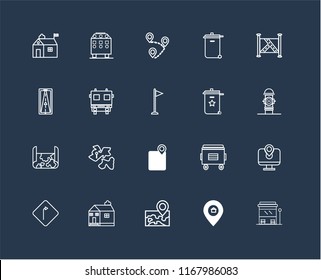 Set Of 20 black linear icons such as Bus stop, Placeholder, Map, Church, Turn, Recycle bin, Gps, Fire truck, Destination, editable stroke vector icon pack