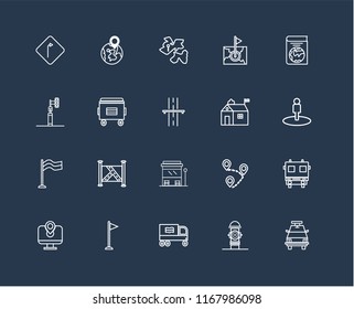 Set Of 20 black linear icons such as Police car, Hydrant, Recycling truck, Flag, Map, Book, Hall, Bus stop, Recycle bin, Africa, editable stroke vector icon pack