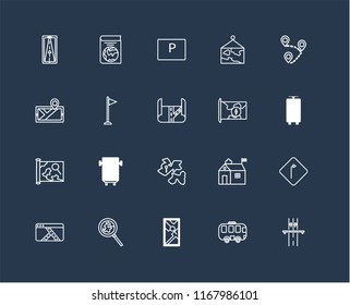 Set Of 20 black linear icons such as Highway, Bus, Map, Search, Destination, Africa, Flag, Parking, editable stroke vector icon pack