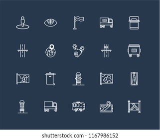 Set Of 20 black linear icons such as Map, Bus, Garbage truck, Mailbox, Lunchbox, Highway, Hydrant, Globe, Flag, editable stroke vector icon pack