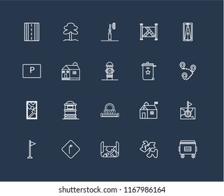 Set Of 20 black linear icons such as Recycle bin, Africa, Map, Turn, Flag, Gps, Sewage, Church, Traffic light, editable stroke vector icon pack