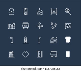 Set Of 20 black linear icons such as Tram, Bin, Road, Turn, Mailbox, Search, Destination, Flag, Recycle bin, Map, editable stroke vector icon pack
