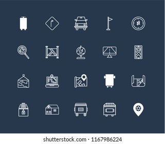 Set Of 20 black linear icons such as Placeholder, Trash bin, Recycle Toilet, Elections, Compass, Gps, Map, Road sweeper, editable stroke vector icon pack