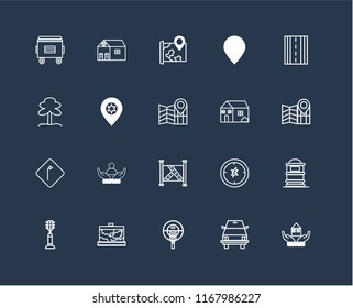 Set Of 20 black linear icons such as House, School bus, Parking meter, Map, Traffic light, Road, Turn, Placeholder, editable stroke vector icon pack