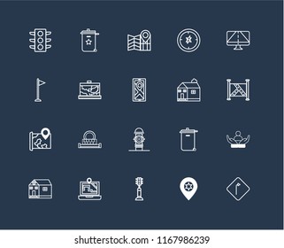 Set Of 20 black linear icons such as Turn, Placeholder, Traffic light, Map, School, Gps, Church, Hydrant, editable stroke vector icon pack