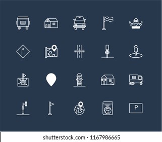 Set Of 20 black linear icons such as Parking, Book, Globe, Flag, Traffic light, House, Hydrant, Map, School bus, editable stroke vector icon pack