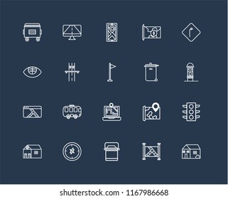Set Of 20 black linear icons such as House, Map, Lunchbox, Compass, Toilet, Turn, Recycling bin, Highway, editable stroke vector icon pack