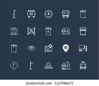 Set Of 20 black linear icons such as Police car, Church, Sewage, Flag, Turn, Recycling bin, House, Map, Recycle Compass, editable stroke vector icon pack