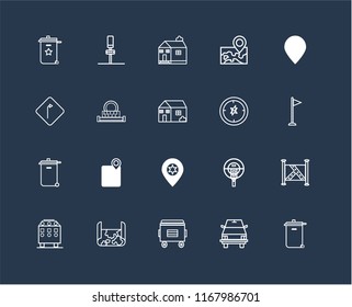 Set Of 20 black linear icons such as Recycle bin, School bus, Map, Recycling Placeholder, Compass, Trash Sewage, Church, editable stroke vector icon pack