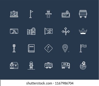 Set Of 20 black linear icons such as Globe, Recycling truck, Bus, Hydrant, School, Bin, Turn, Traffic light, Map, Highway, editable stroke vector icon pack