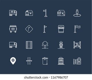 Set Of 20 black linear icons such as Map, Mailbox, Recycling bin, Highway, Placeholder, Street view, Lunchbox, Park, Garbage truck, Turn, Flag, editable stroke vector icon pack