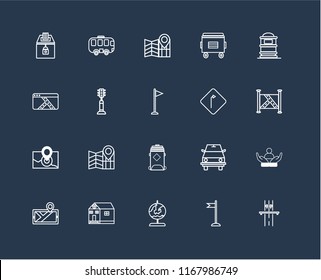 Set Of 20 black linear icons such as Highway, Flag, Globe, School, Map, Mailbox, Turn, Recycling bin, Radar, Traffic light, editable stroke vector icon pack